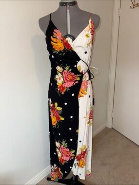 FARM Rio Black & White Floral Polka Dot Wrap Midi Dress with Tie